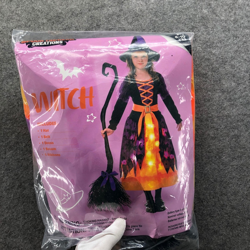 NEW Spooktacular Creations Light Up Witch Costume Set Girls M 8-10 Hat Broom